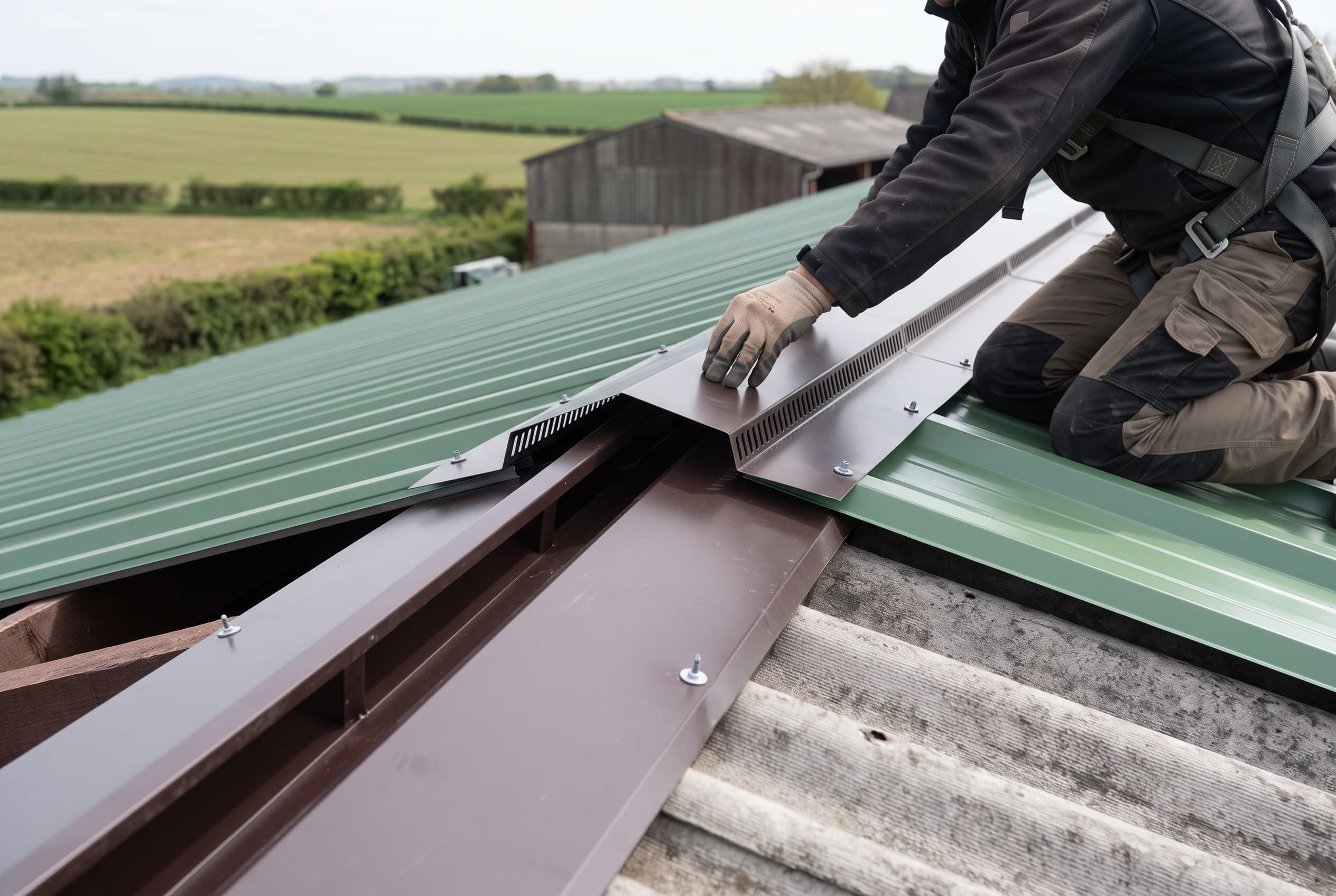 Pose d'une ventilation de faîtage sur une toiture agricole en bac acier
