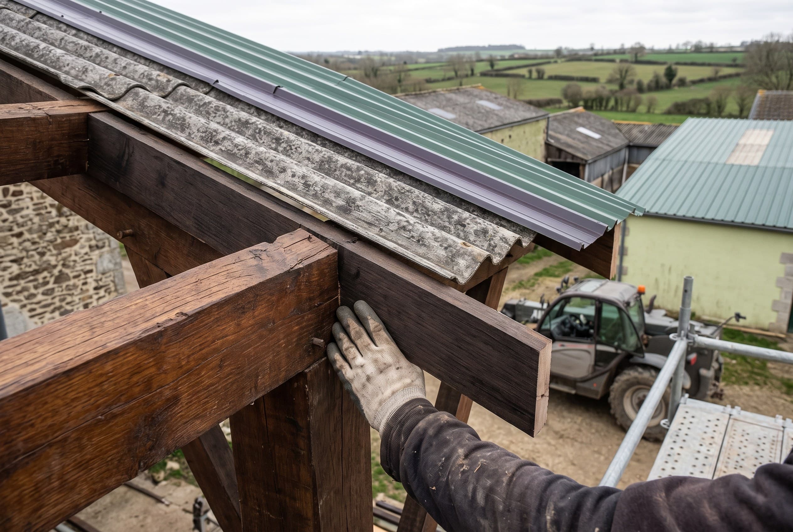 Pose d'un élément de charpente neuf lors d'une rénovation de toiture agricole