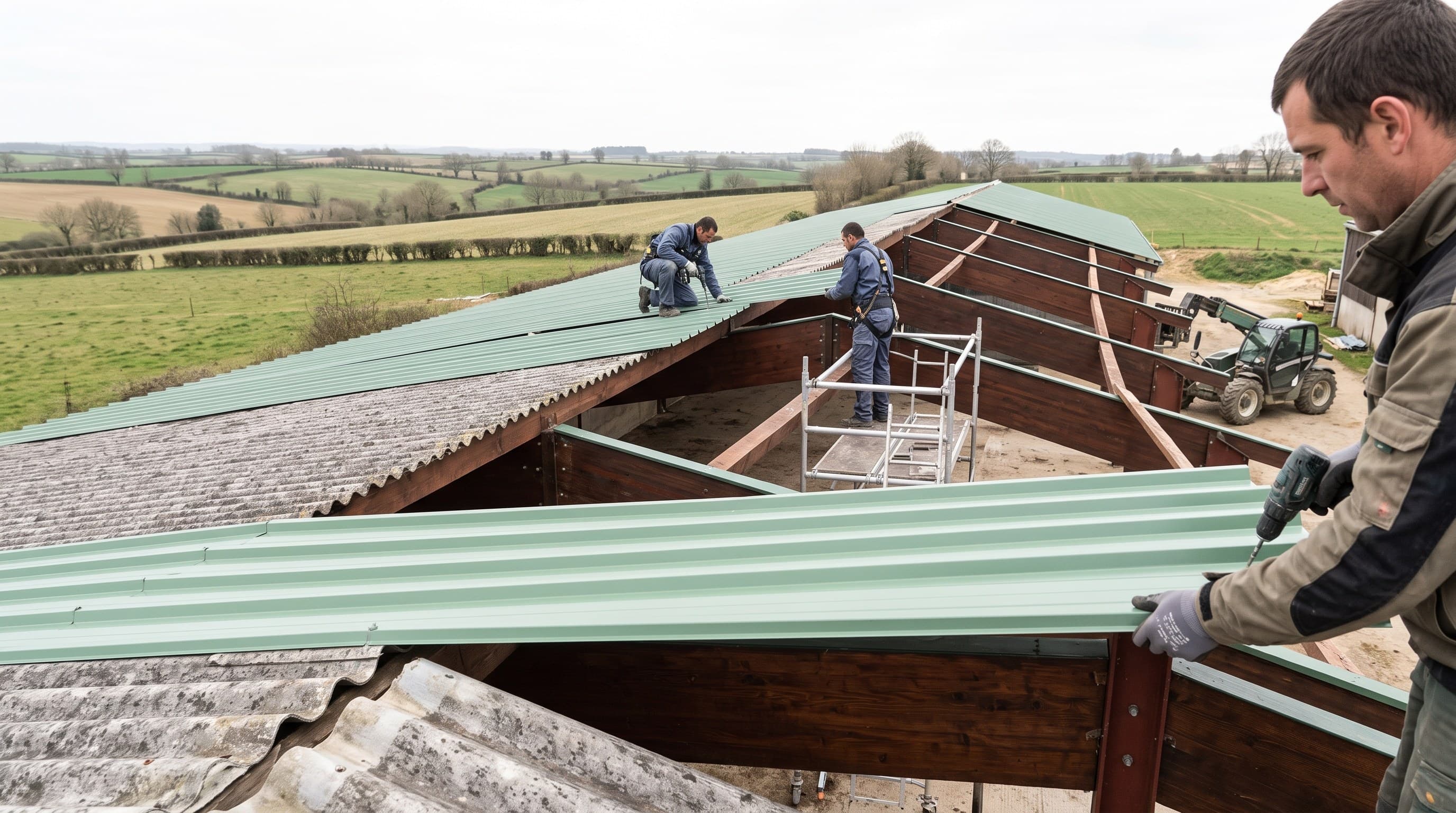 Chantier de surcouverture sur une stabulation mixte caprine et bovine du secteur d'Airvault
