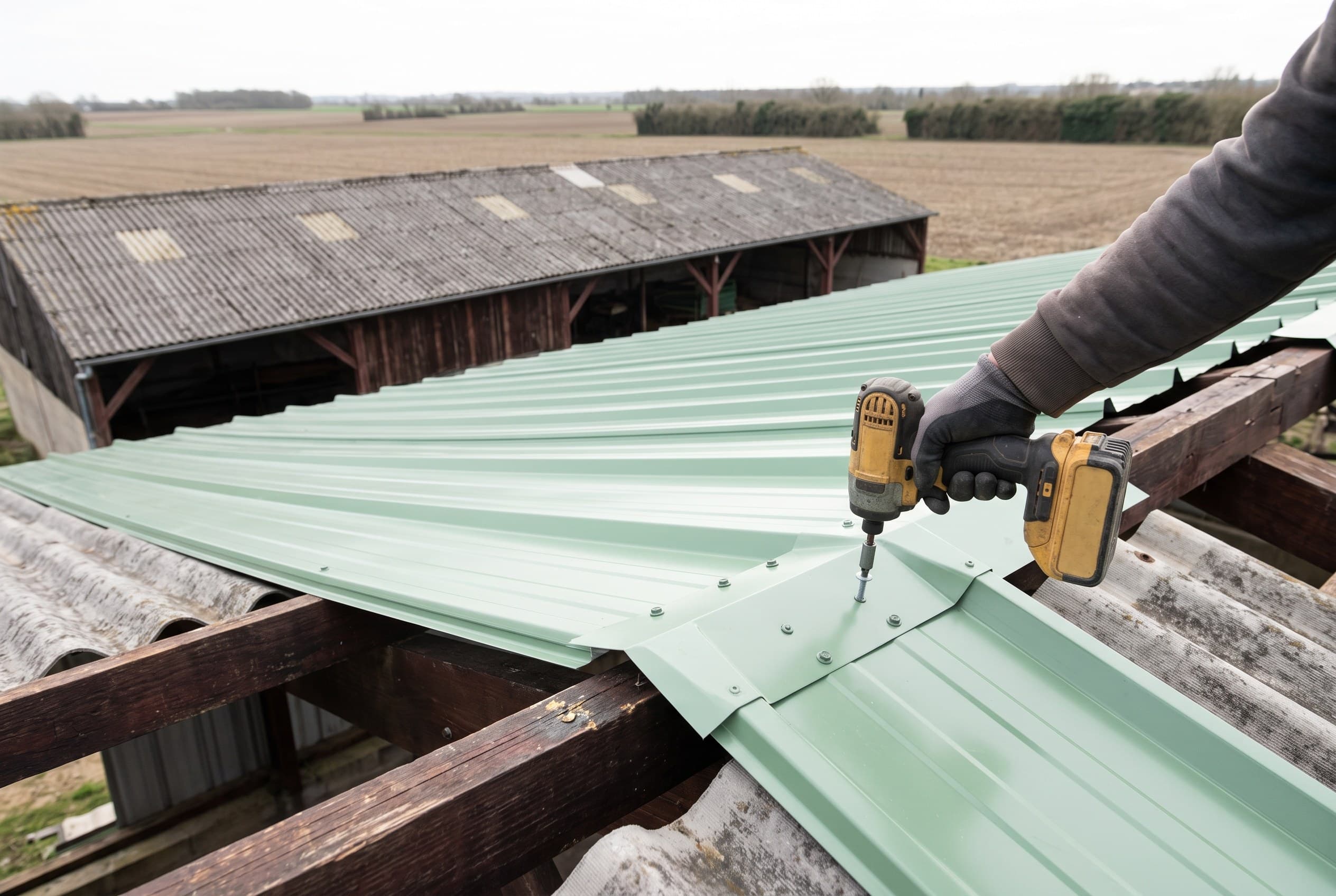 Pose d'un bac acier neuf sur un hangar de stockage du secteur d'Argenton-l'Église