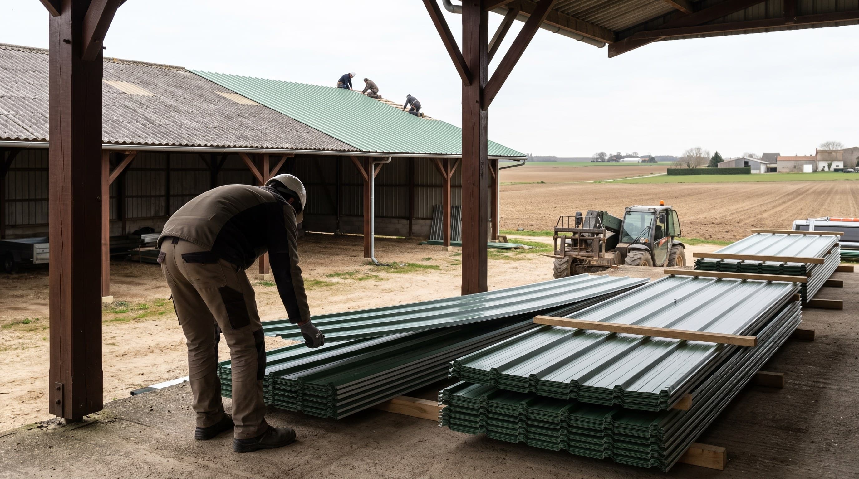 Chantier de surcouverture sur un hangar de stockage de grandes cultures du secteur d'Argenton-l'Église