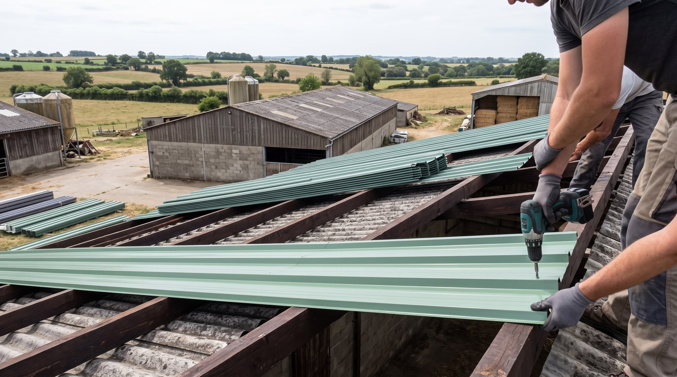Chantier de surcouverture sur une stabulation bovine du secteur de Coulonges-sur-l'Autize