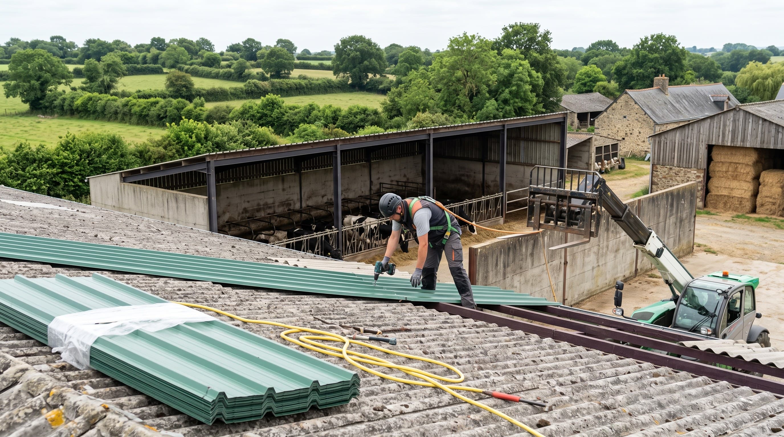 Chantier de surcouverture sur une stabulation bovine laitière du Bocage bressuirais, secteur de Bressuire