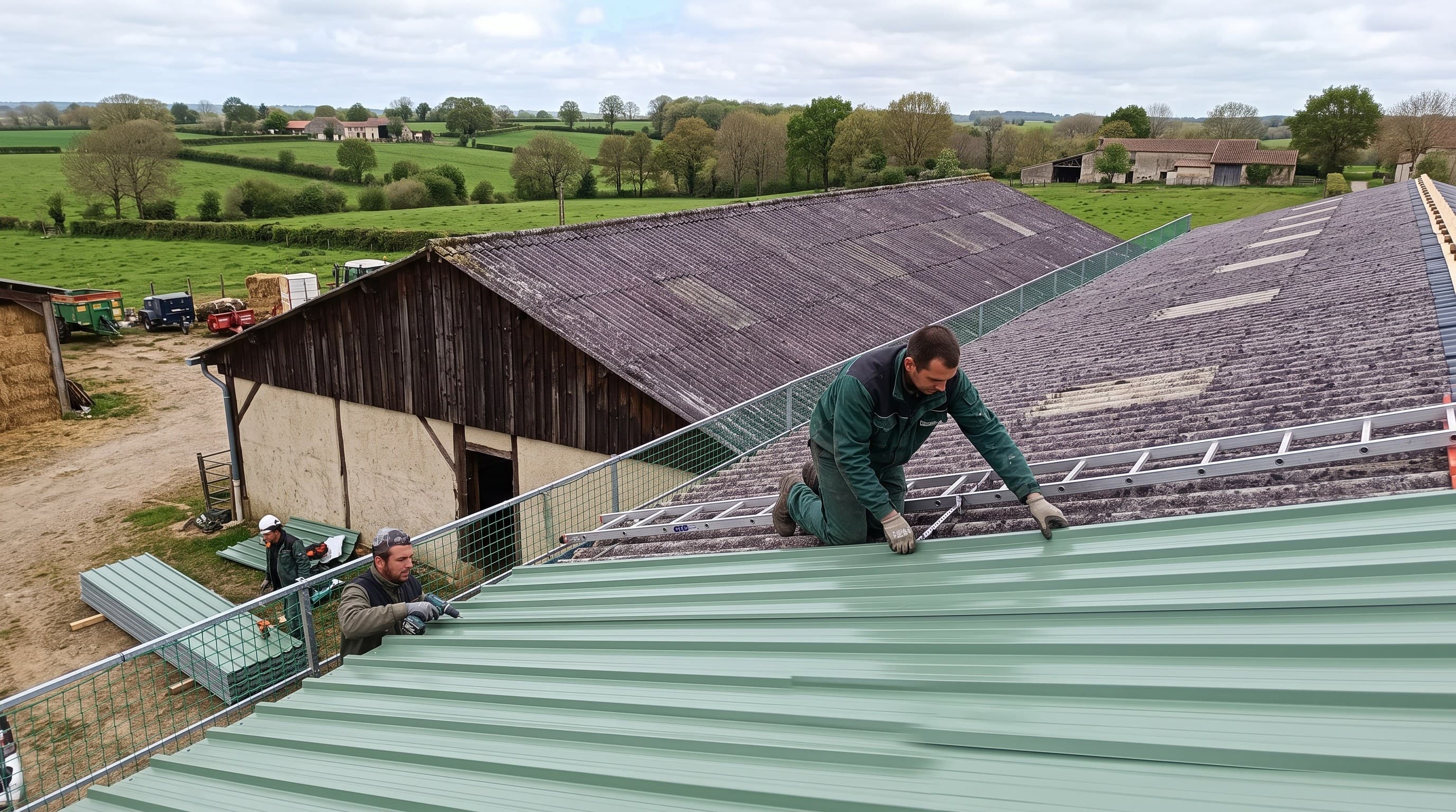 Chantier de surcouverture sur un bâtiment d'élevage caprin en Gâtine, secteur de Parthenay