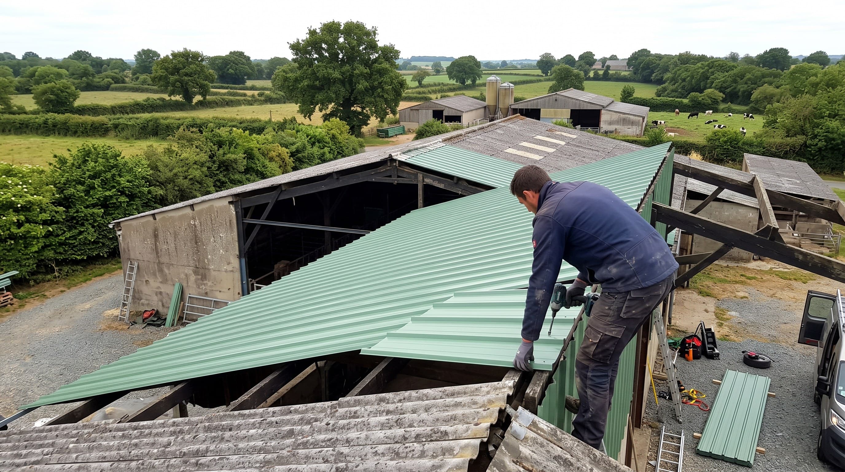 Chantier de surcouverture sur une stabulation laitière du Haut Bocage, secteur de Moncoutant-sur-Sèvre