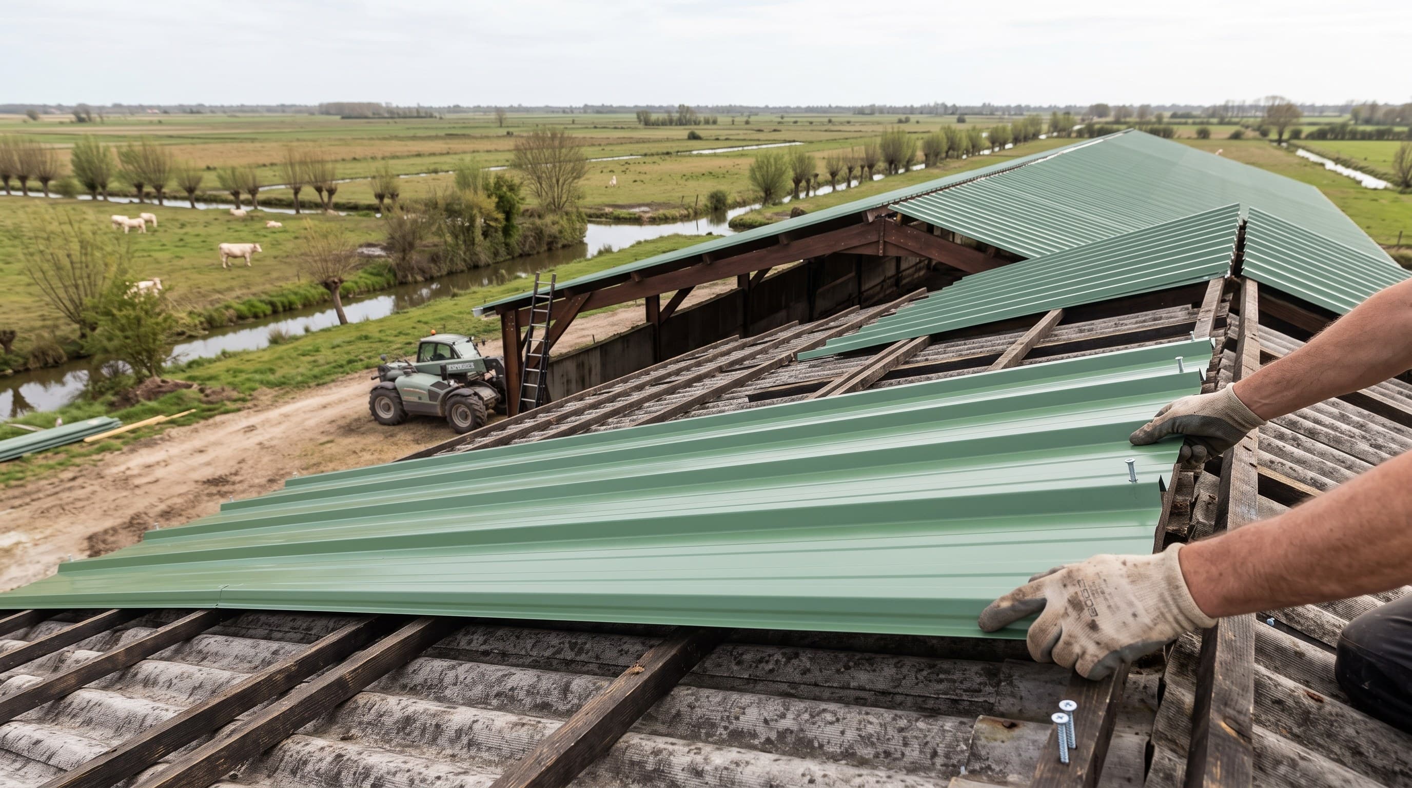 Chantier de surcouverture sur un hangar d'élevage bovin extensif du Marais poitevin, plaine de Niort