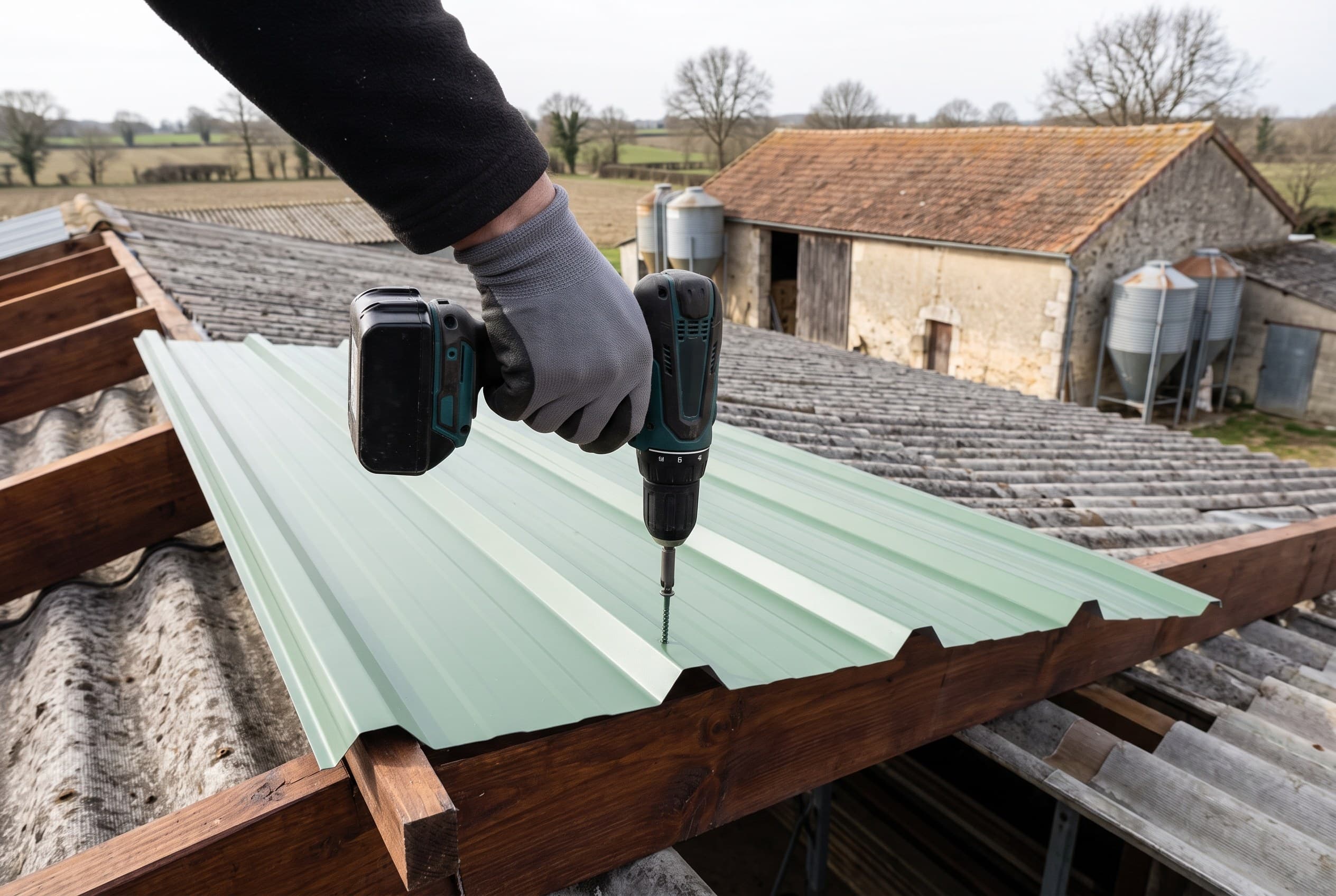 Pose d'un bac acier de surcouverture sur un bâtiment agricole du Mellois