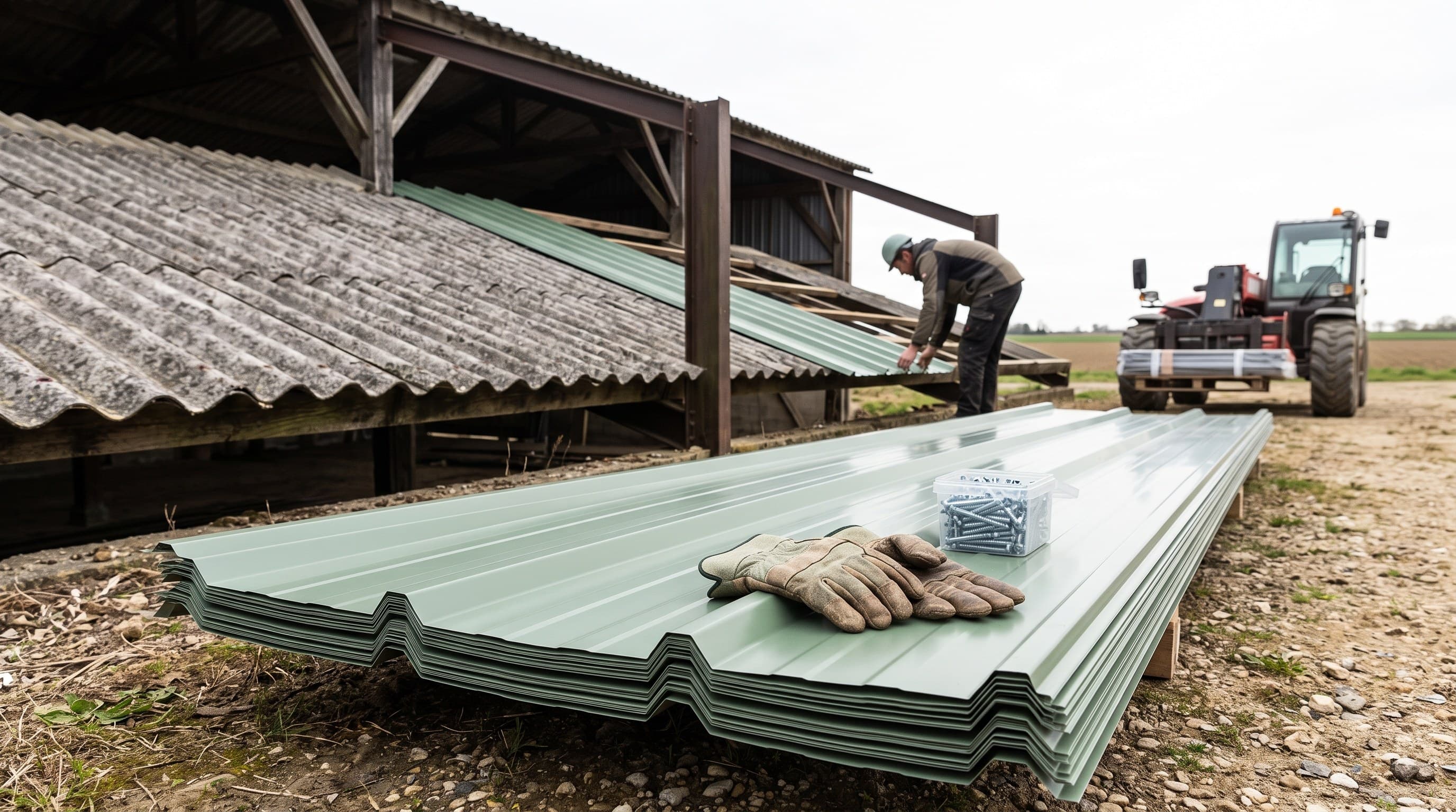 Chantier de surcouverture sur un hangar de stockage agricole du Mellois