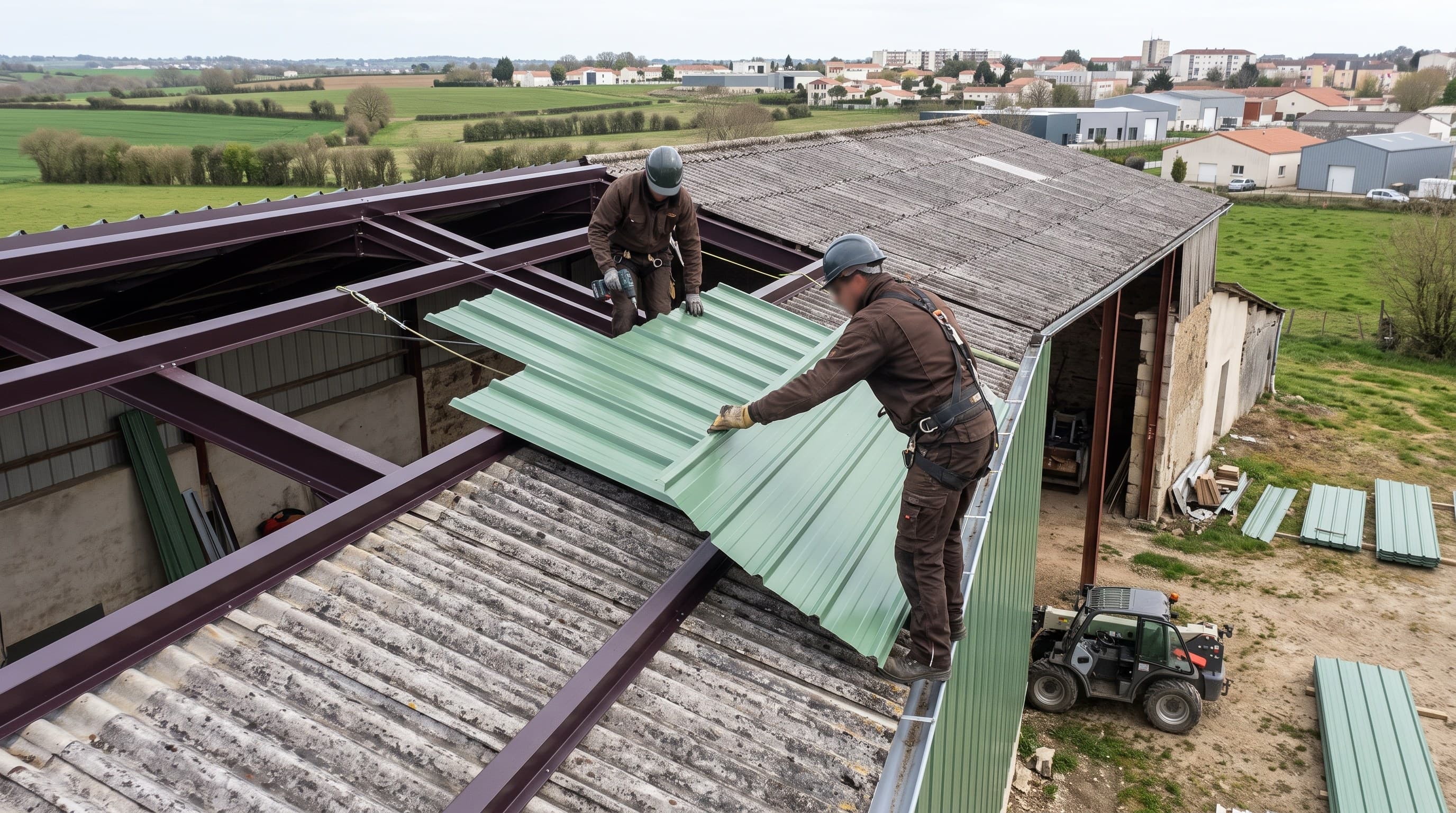 Chantier de surcouverture sur un hangar agricole en périphérie de Niort