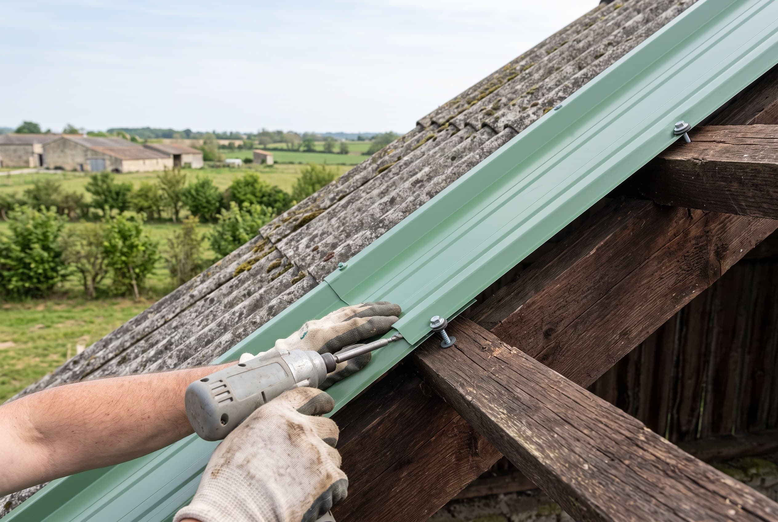 Fixation d'un bac acier sur un bâtiment du Sud Gâtine