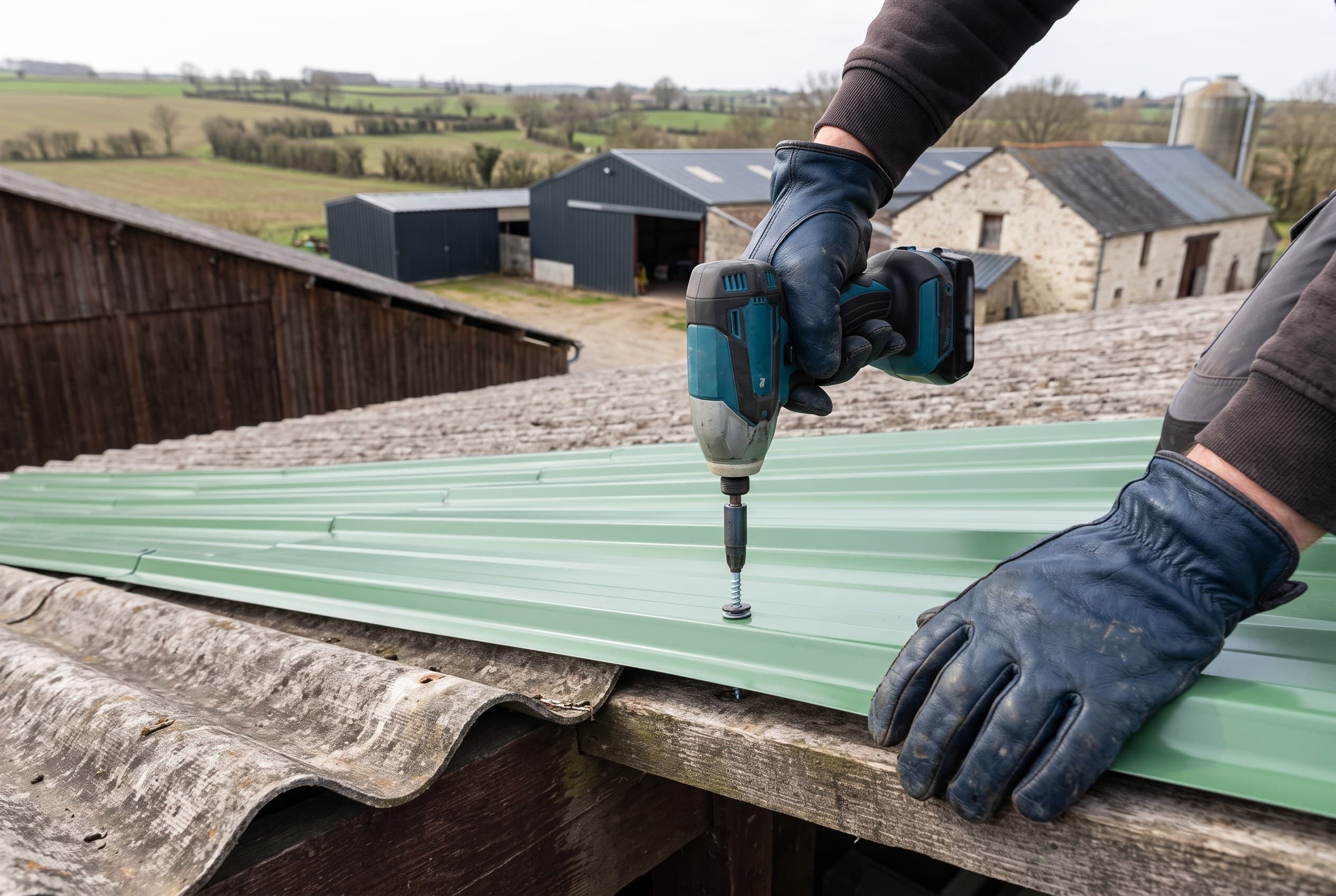 Pose d'un bac acier neuf sur un hangar de stockage du Thouarsais