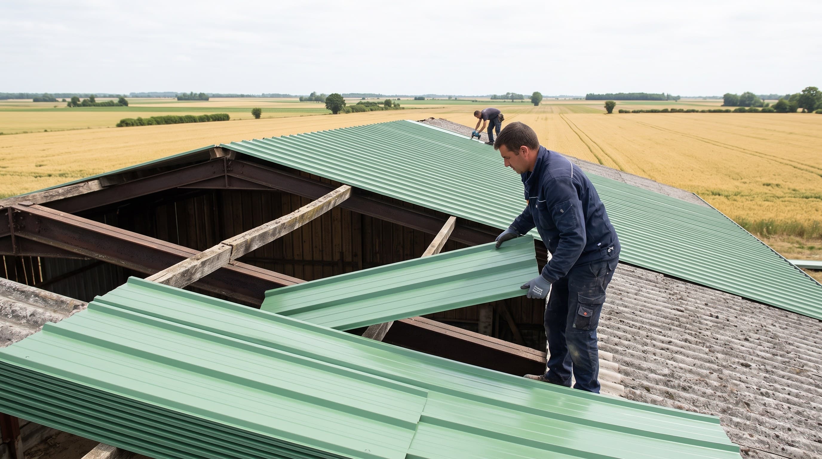Chantier de surcouverture sur un hangar de stockage de grandes cultures du Thouarsais, secteur de Thouars