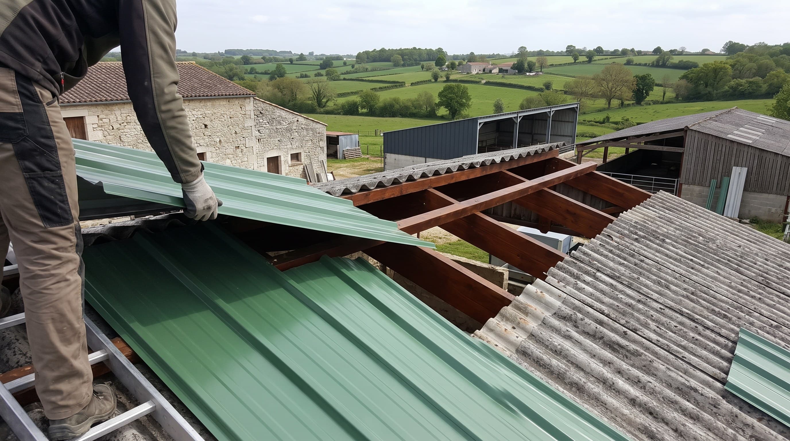 Chantier de surcouverture sur une chèvrerie du Val de Sèvre, secteur de Saint-Maixent-l'École