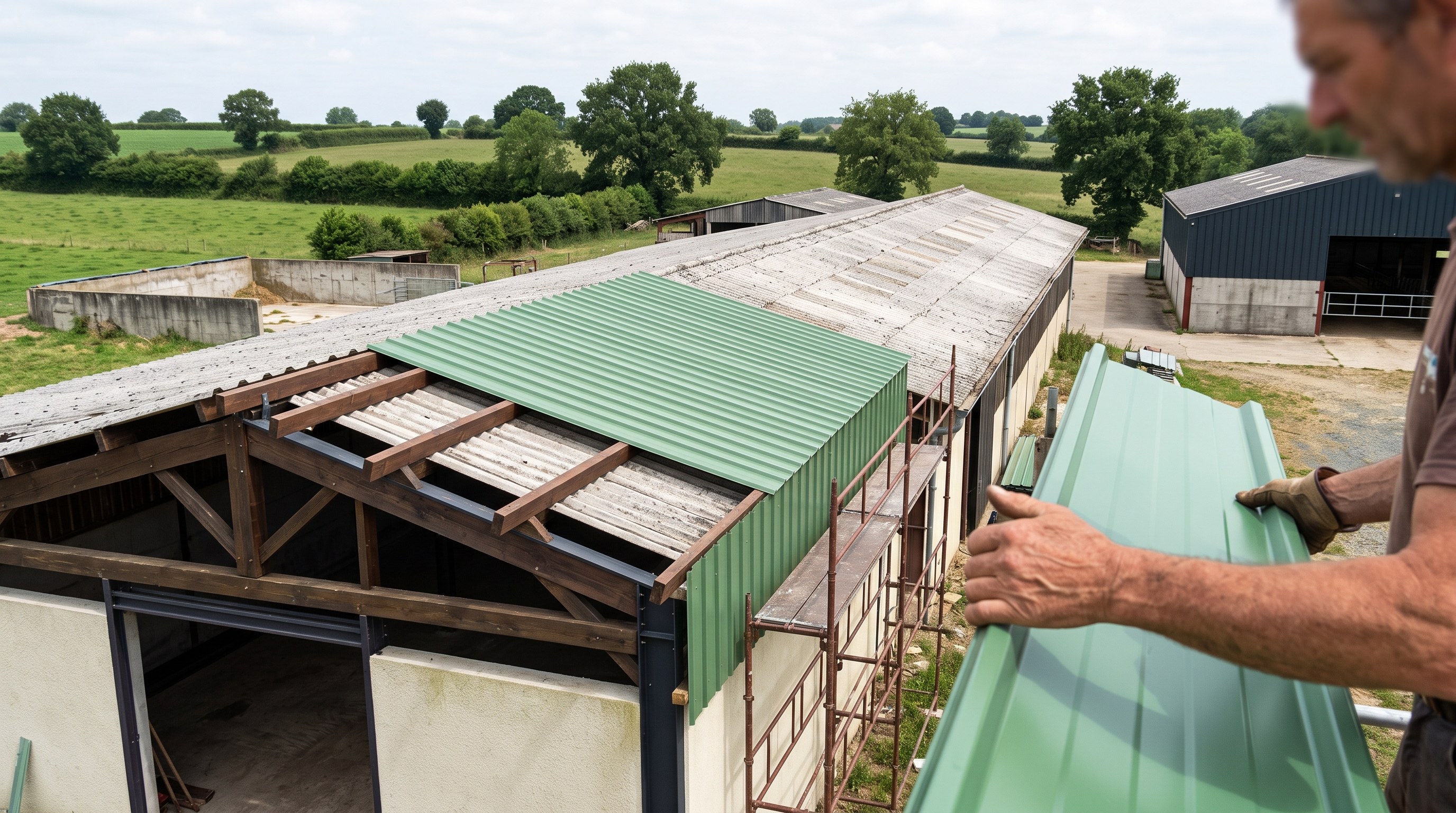 Extension de bâtiment d'élevage agricole avec bac acier neuf posé en continuité de la toiture existante des Deux-Sèvres