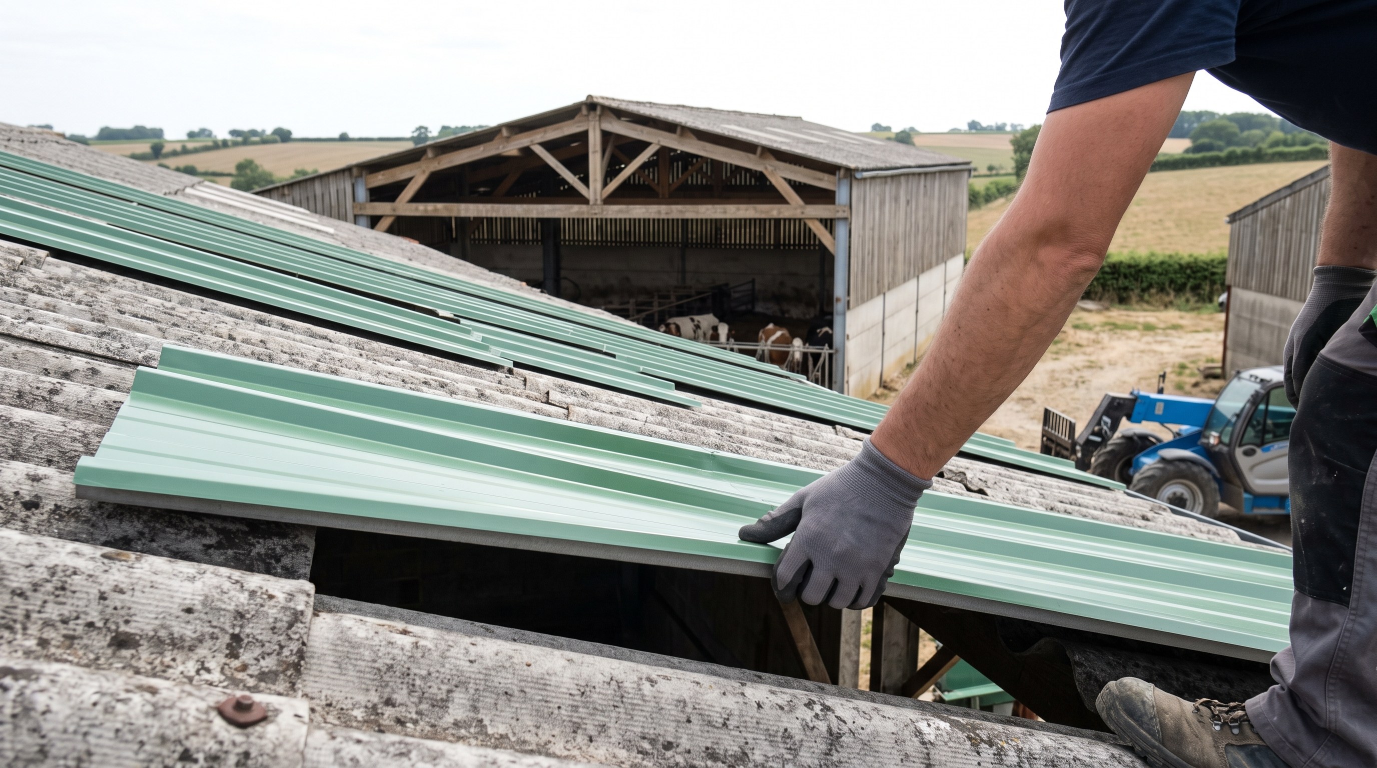 Intervention encadrée de surcouverture sur une toiture fibrociment agricole existante, sans retrait de la toiture
