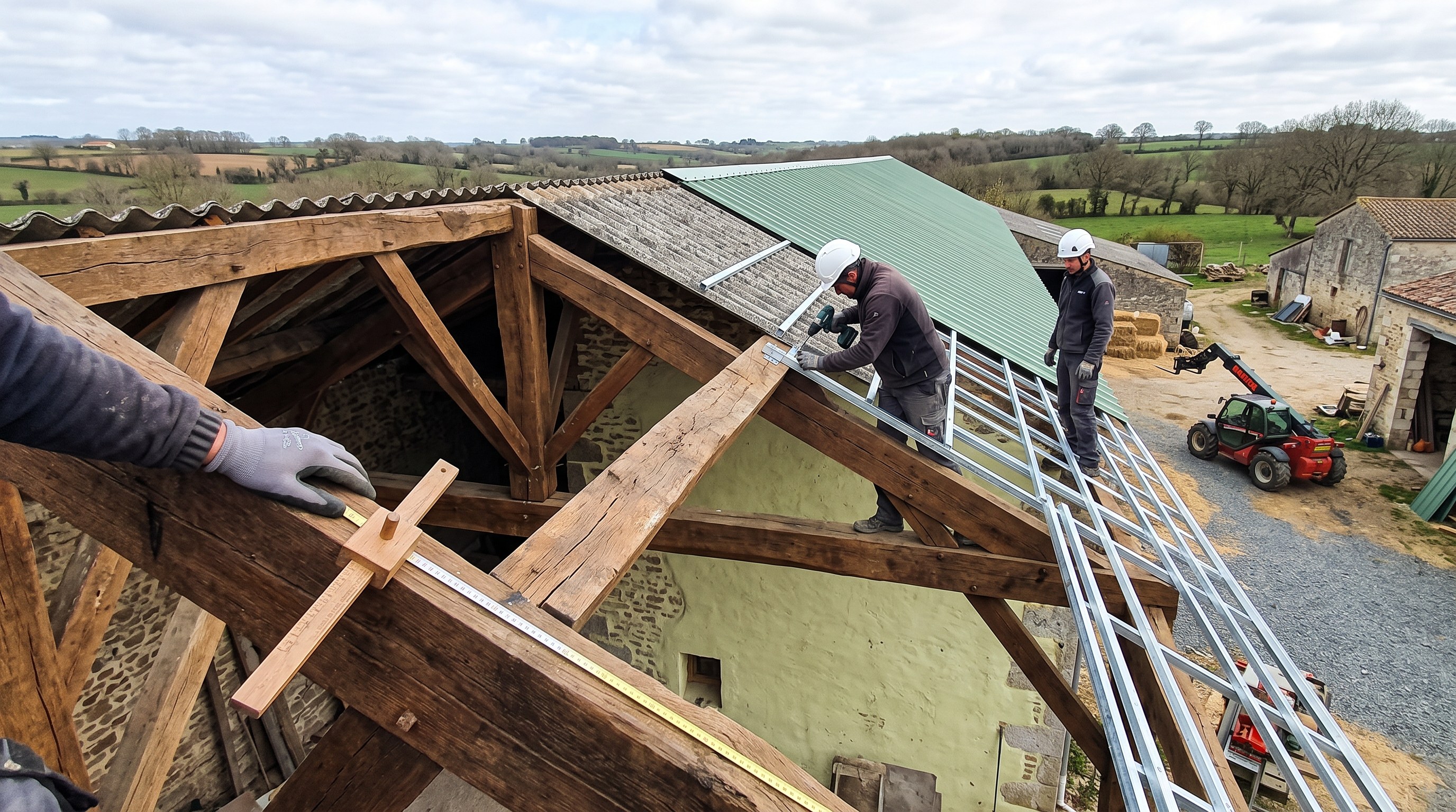 Charpente traditionnelle en bois d'un bâtiment agricole des Deux-Sèvres, examinée avant surcouverture bac acier