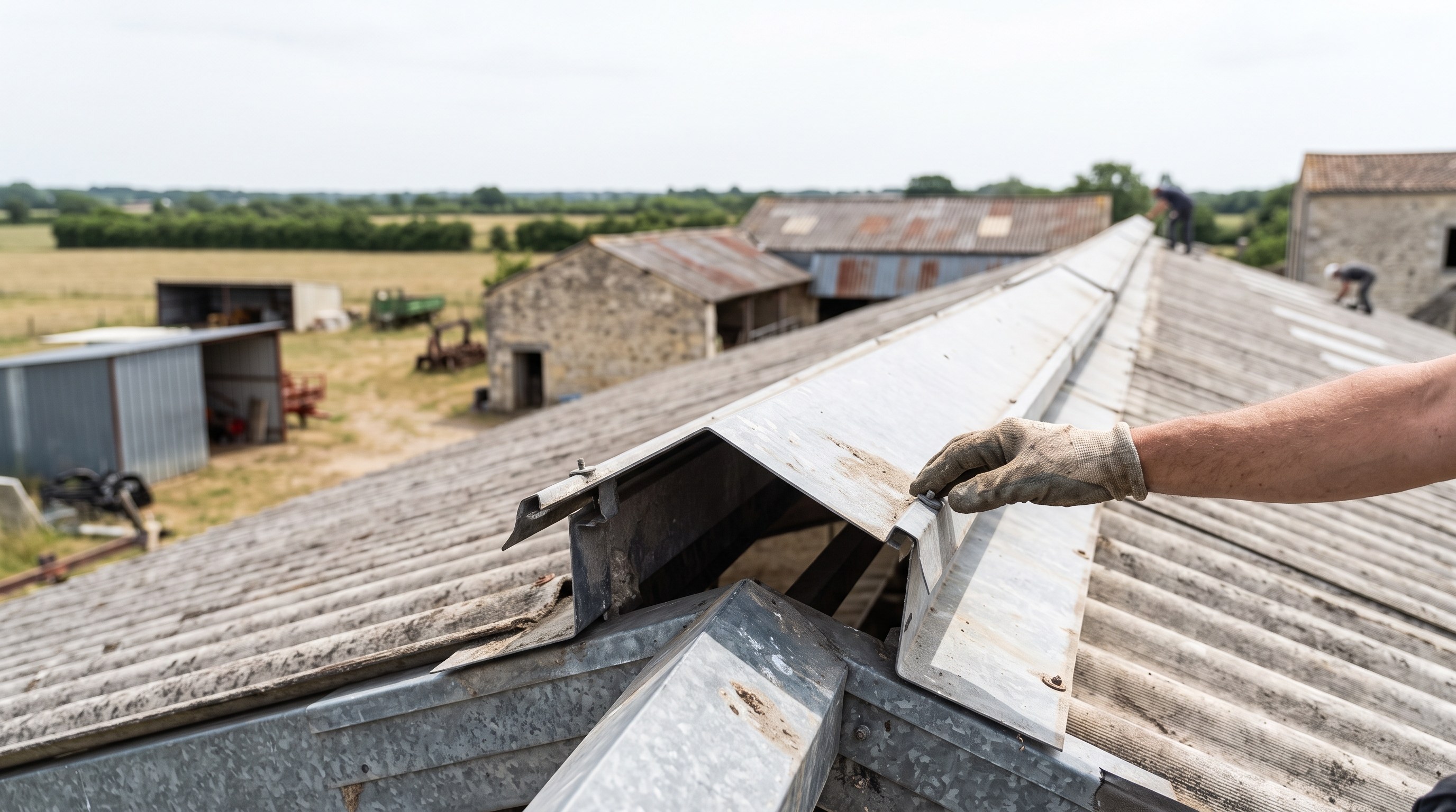 Ventilation de faîtage d'une chèvrerie agricole des Deux-Sèvres examinée avant travaux