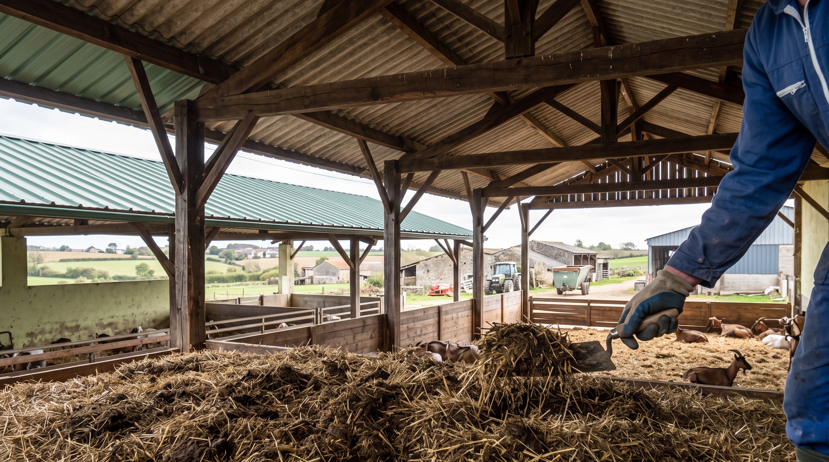 Litière de chèvrerie examinée sous une toiture agricole vieillissante des Deux-Sèvres avant travaux