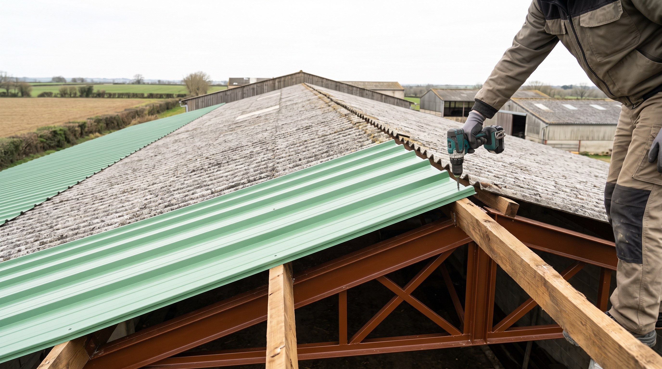 Toiture fibrociment agricole existante recouverte d'une surcouverture bac acier, aucun retrait de la toiture en place