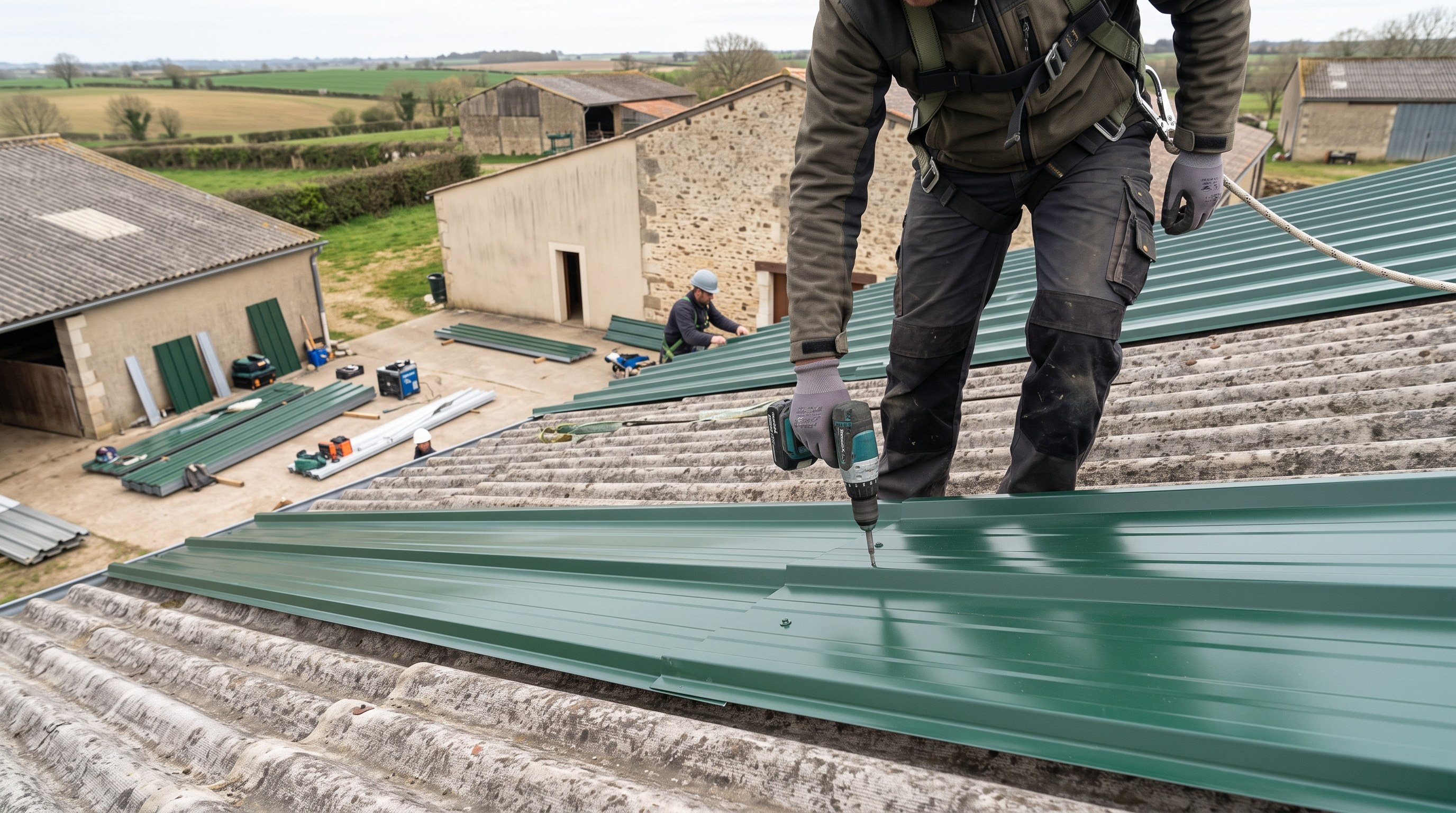 Chantier de toiture organisé sur une chèvrerie des Deux-Sèvres en dehors des périodes sensibles d'élevage