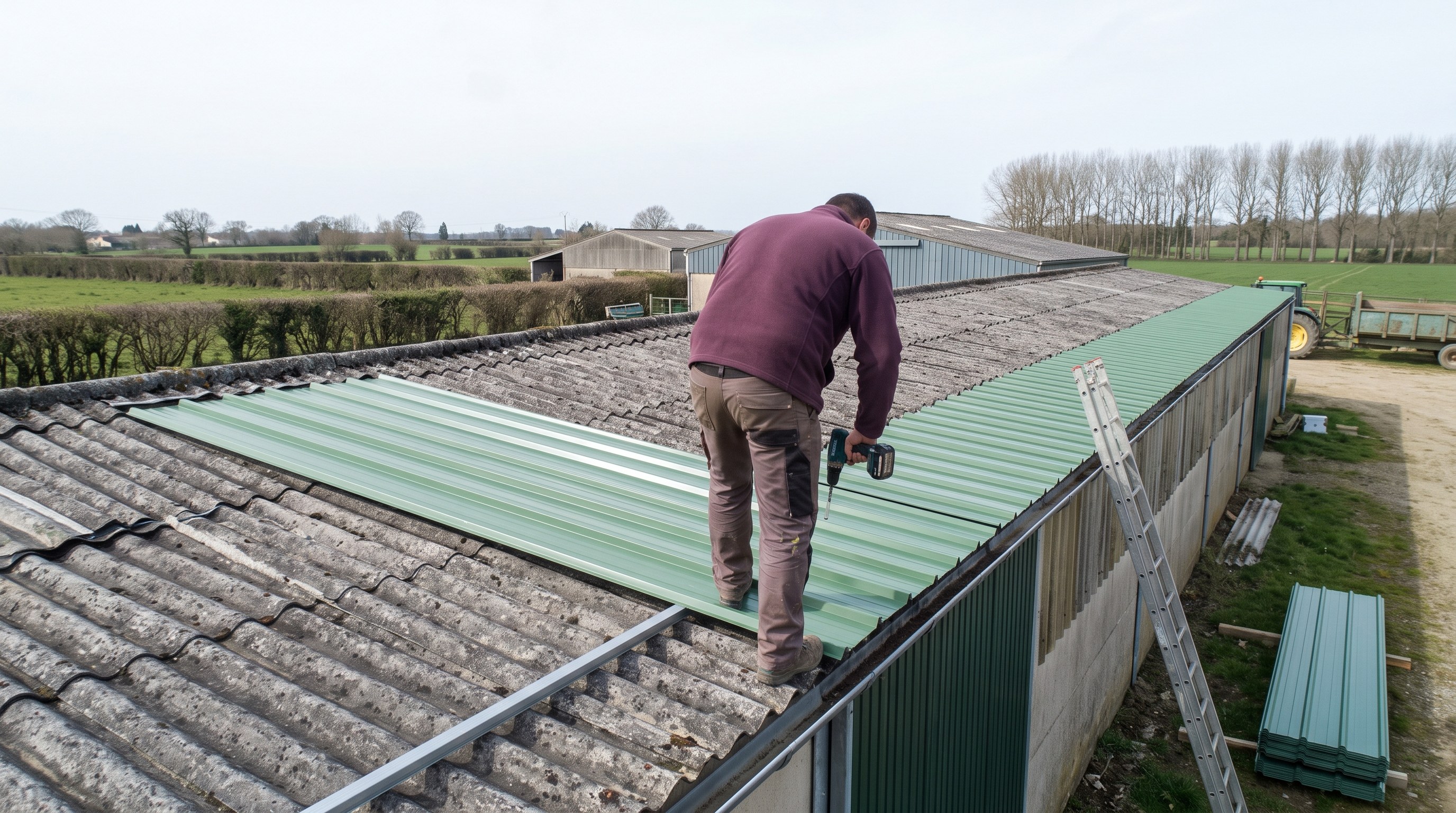 Chantier de surcouverture bac acier chiffré au m² après diagnostic sur un bâtiment agricole des Deux-Sèvres