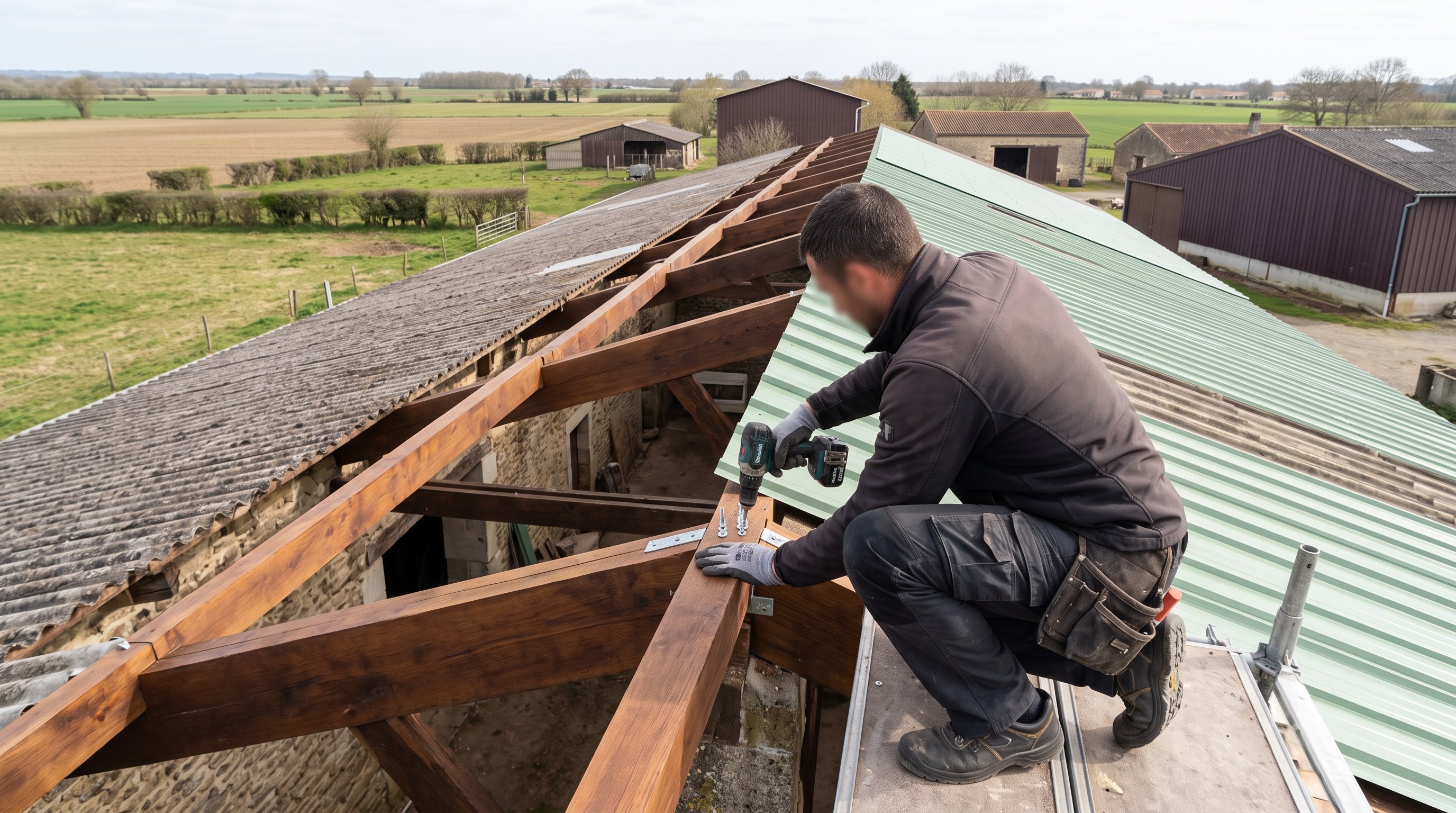 Renfort de charpente localisé sur un bâtiment agricole des Deux-Sèvres avant pose d'une surcouverture bac acier