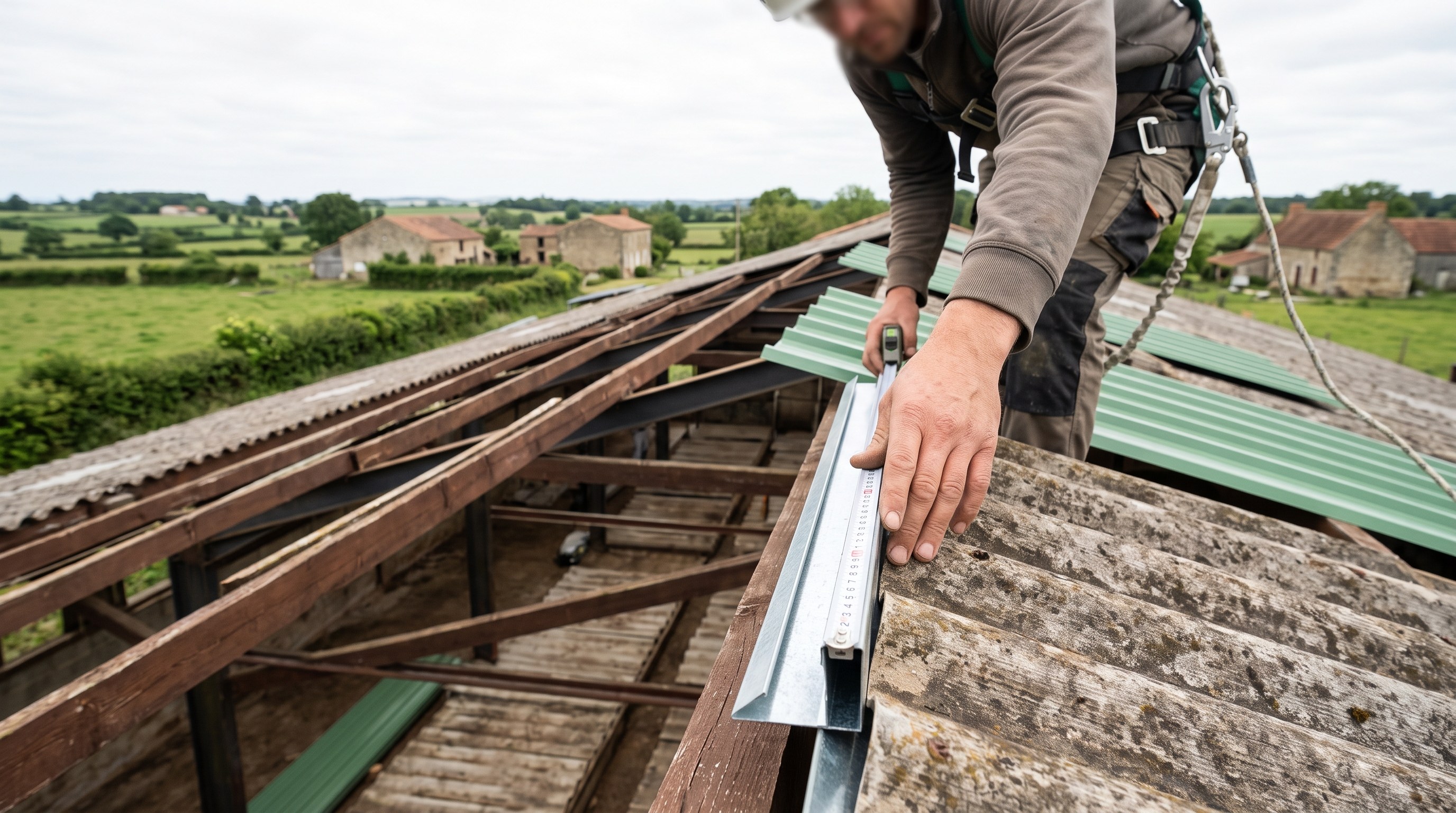 Bâtiment d'élevage agricole du secteur de la Gâtine, toiture fibrociment examinée avant travaux
