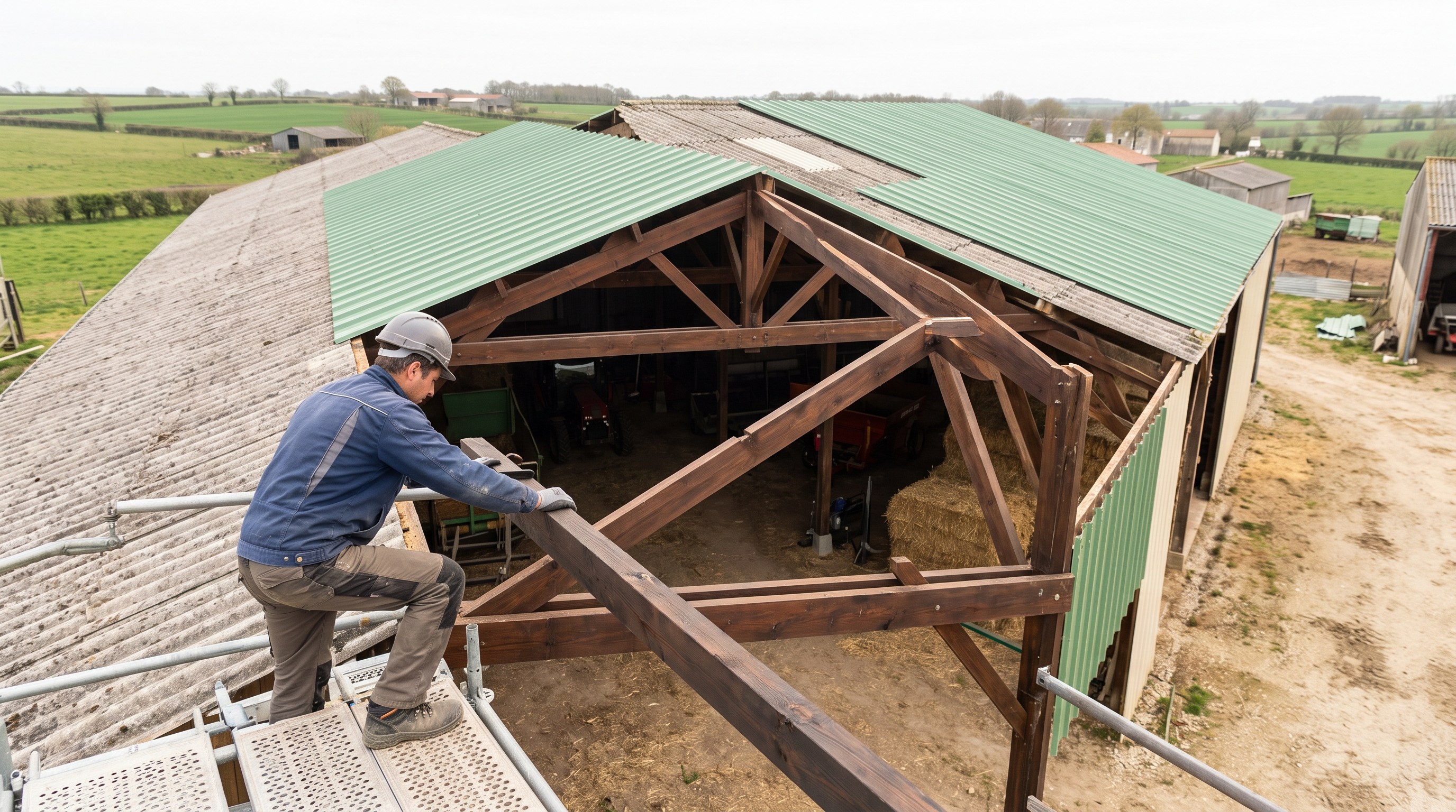 Ferme de charpente agricole examinée avant travaux de surcouverture dans un hangar des Deux-Sèvres