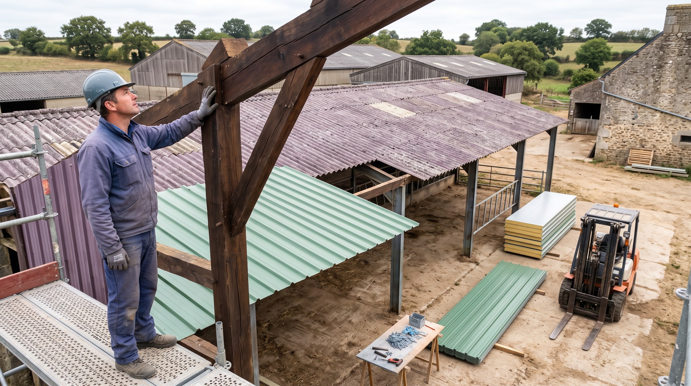 Stabulation bovine du Bocage bressuirais, charpente examinée avant travaux de toiture agricole