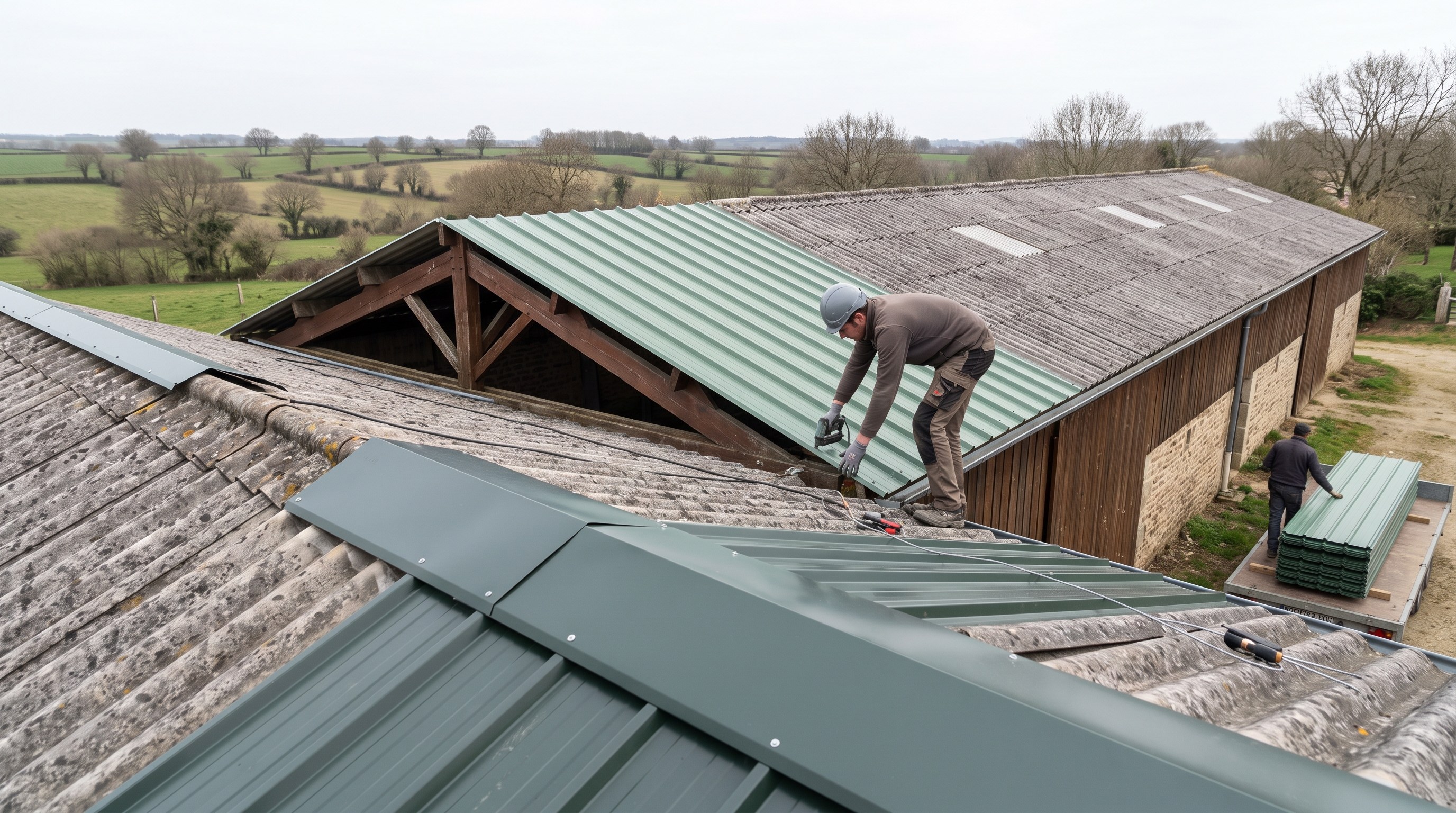 Hangar de stockage agricole du Mellois, bac acier neuf posé sur la toiture fibrociment existante des Deux-Sèvres