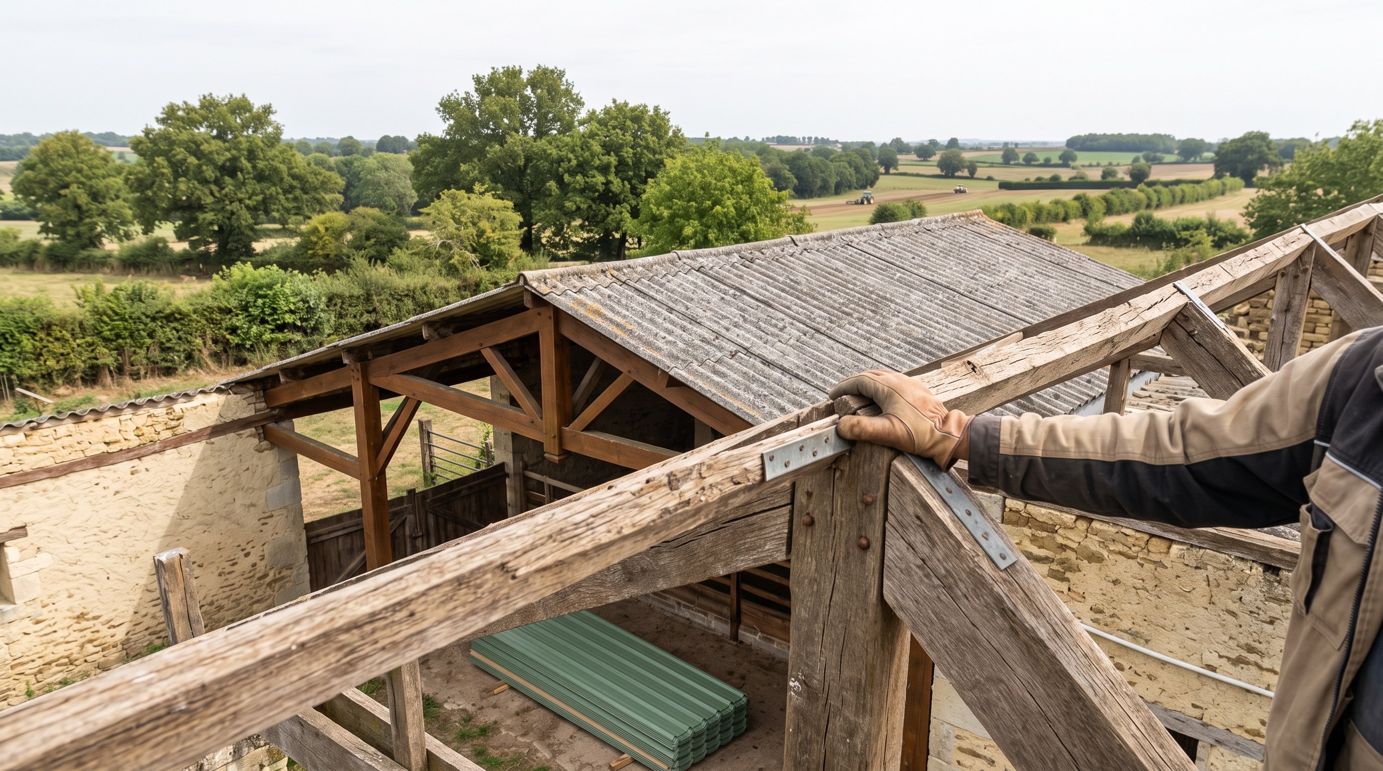 Charpente de chèvrerie examinée avant travaux de toiture dans le bocage des Deux-Sèvres