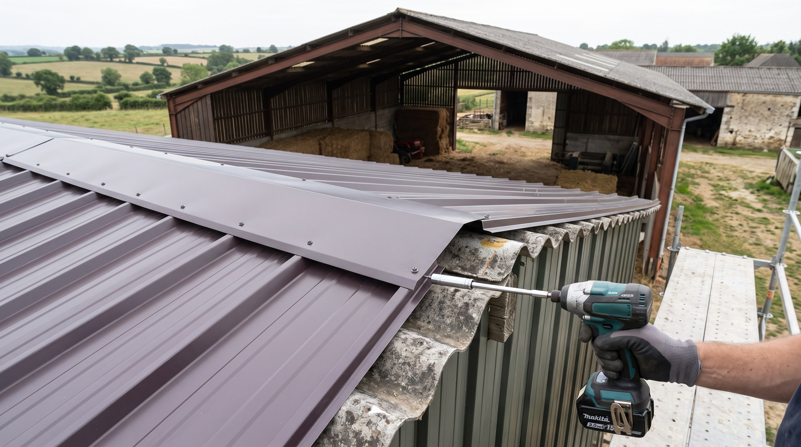 Bac acier neuf posé sur un hangar agricole, toiture restant la propriété de l'exploitant