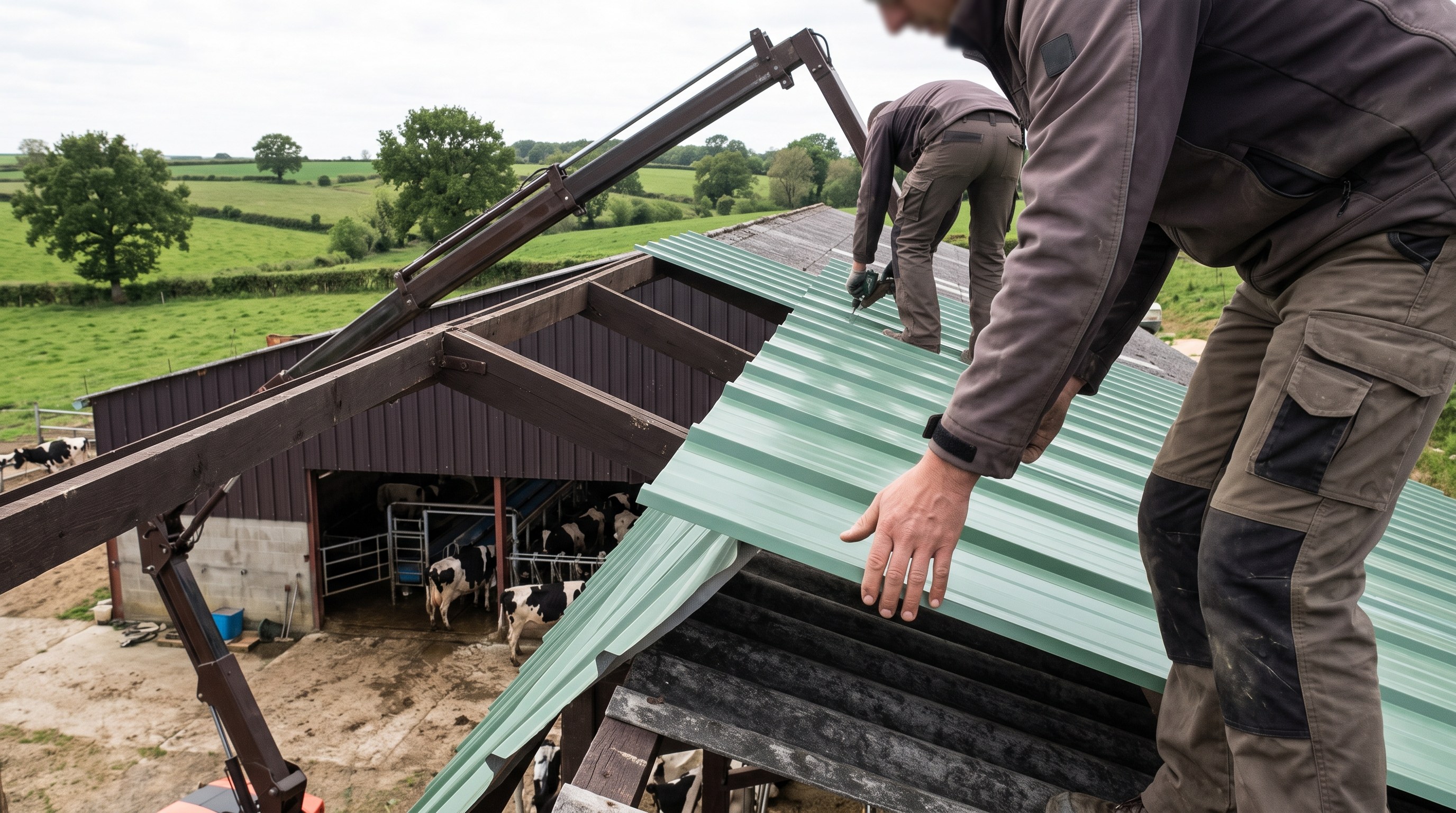 Stabulation bovine laitière du Haut Bocage, chantier de toiture organisé sans interrompre la traite, Deux-Sèvres