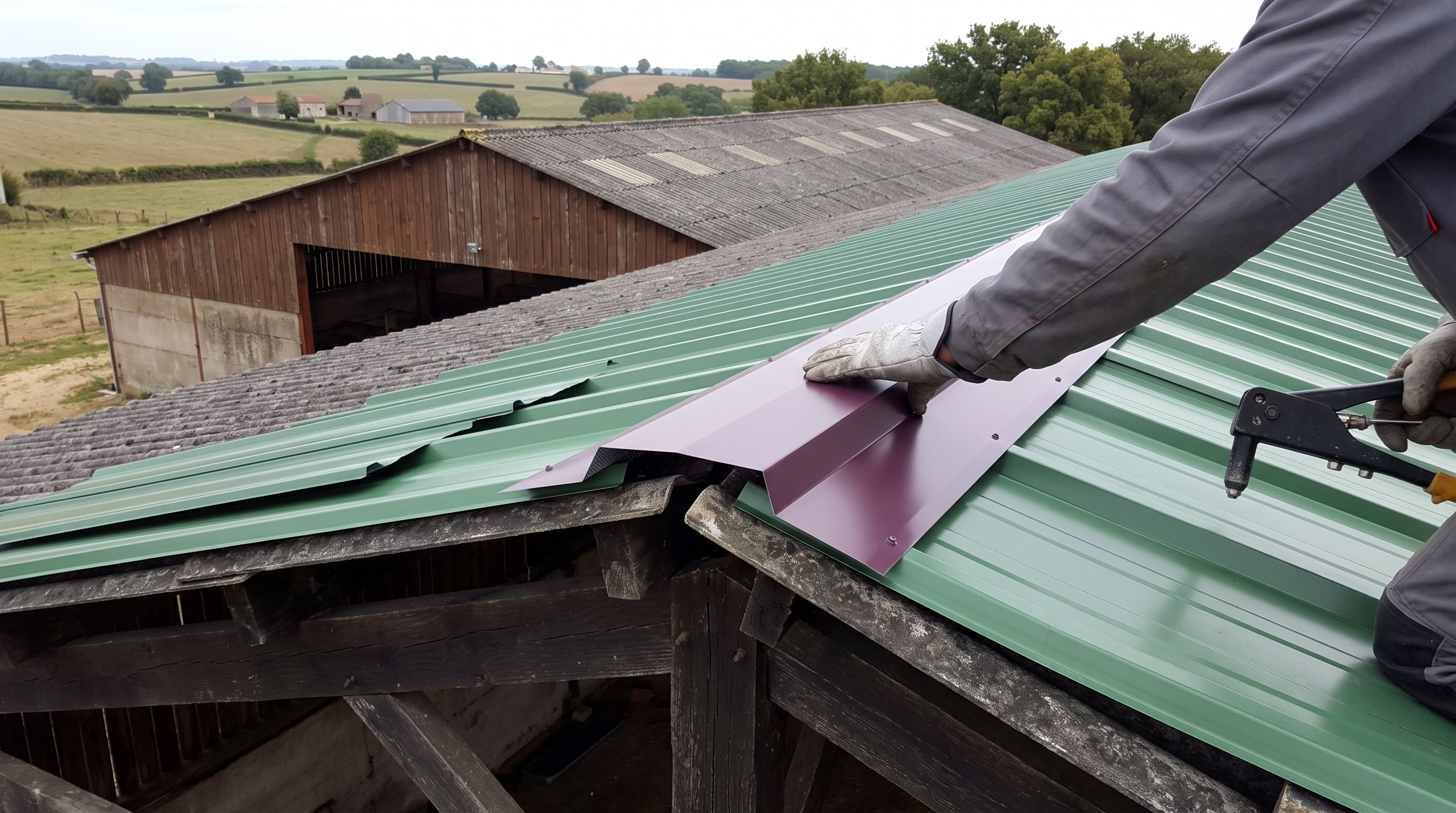 Faîtage ventilé d'une stabulation bovine agricole des Deux-Sèvres, bac acier neuf posé au-dessus de la charpente existante