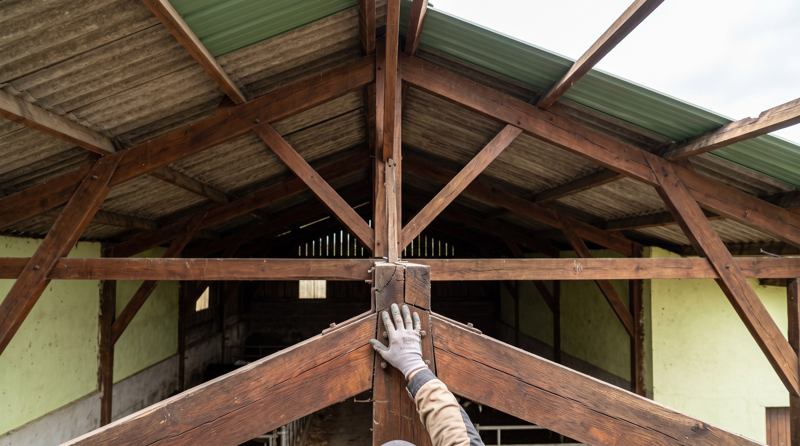 Visite de diagnostic sur un bâtiment agricole des Deux-Sèvres, examen de la charpente avant chiffrage
